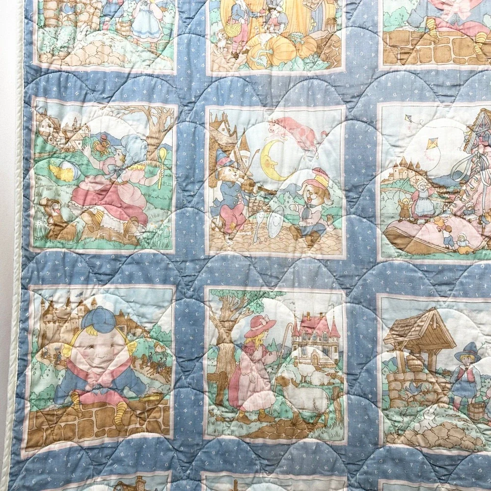 Vintage Nursery Rhymes Quilt Kids Storybook Blanket Mother Goose Pillow Pocket‎